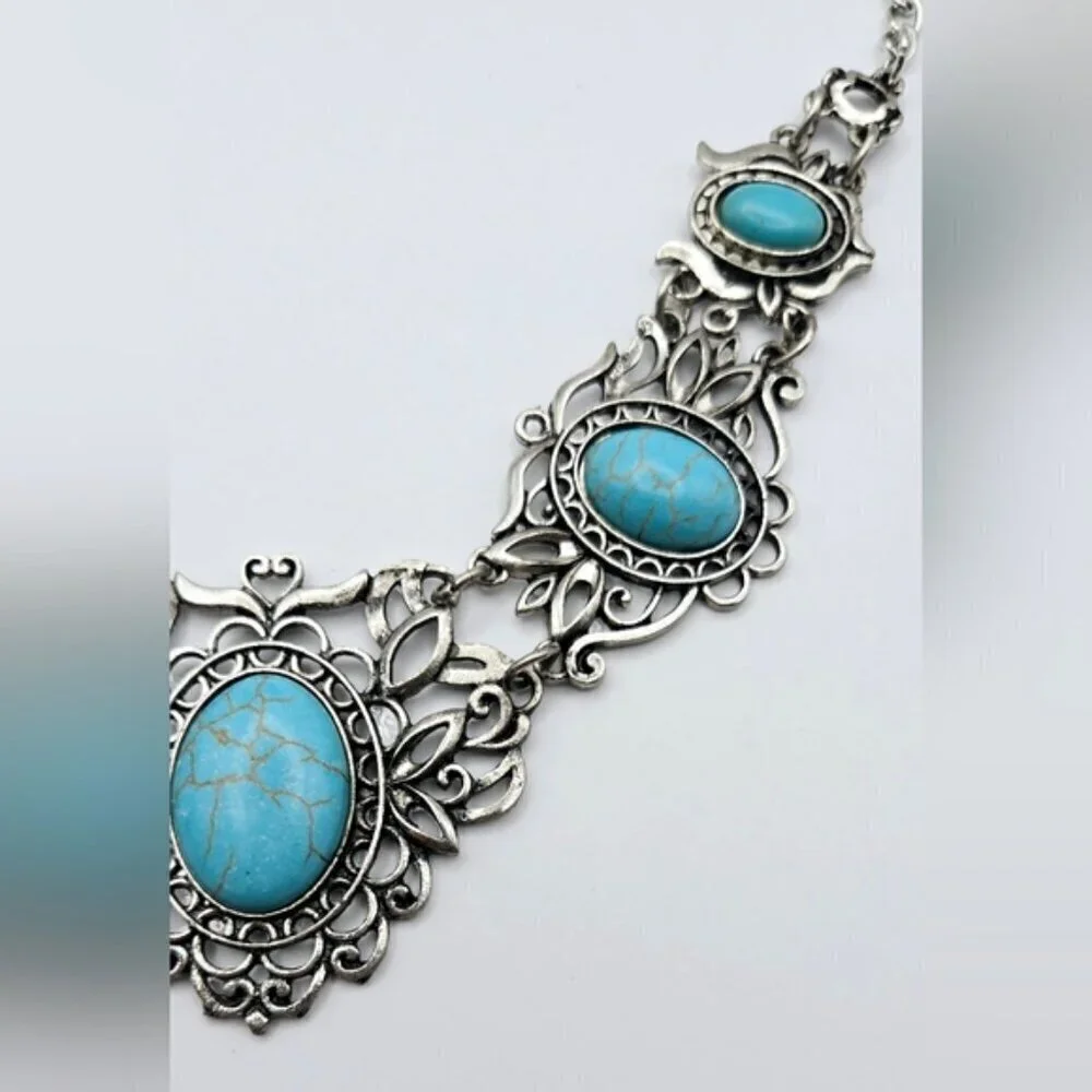 Turquoise Statement Necklace Set Silver Boho Western Bib Earrings Vintage